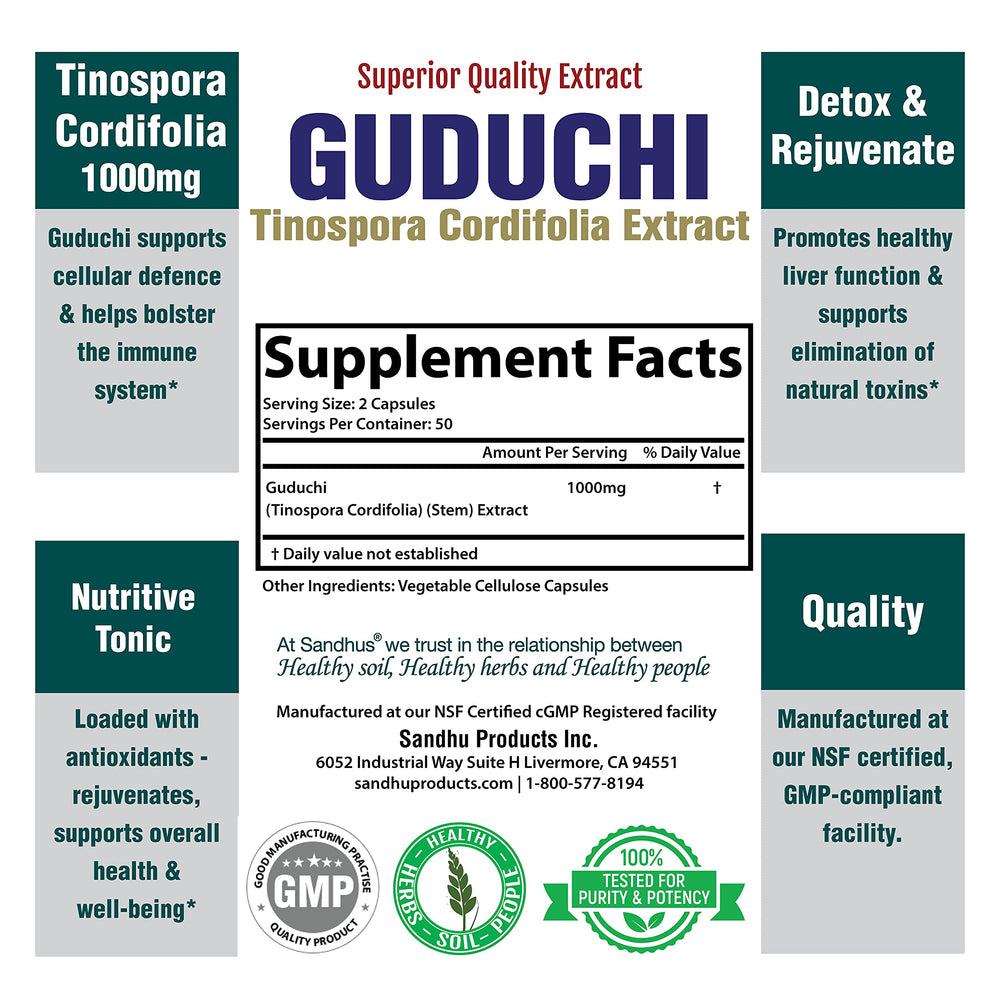 Sandhu's Guduchi Giloy bottle label showing 1000mg per serving.
