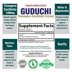 Sandhu's Guduchi Giloy bottle label showing 1000mg per serving.