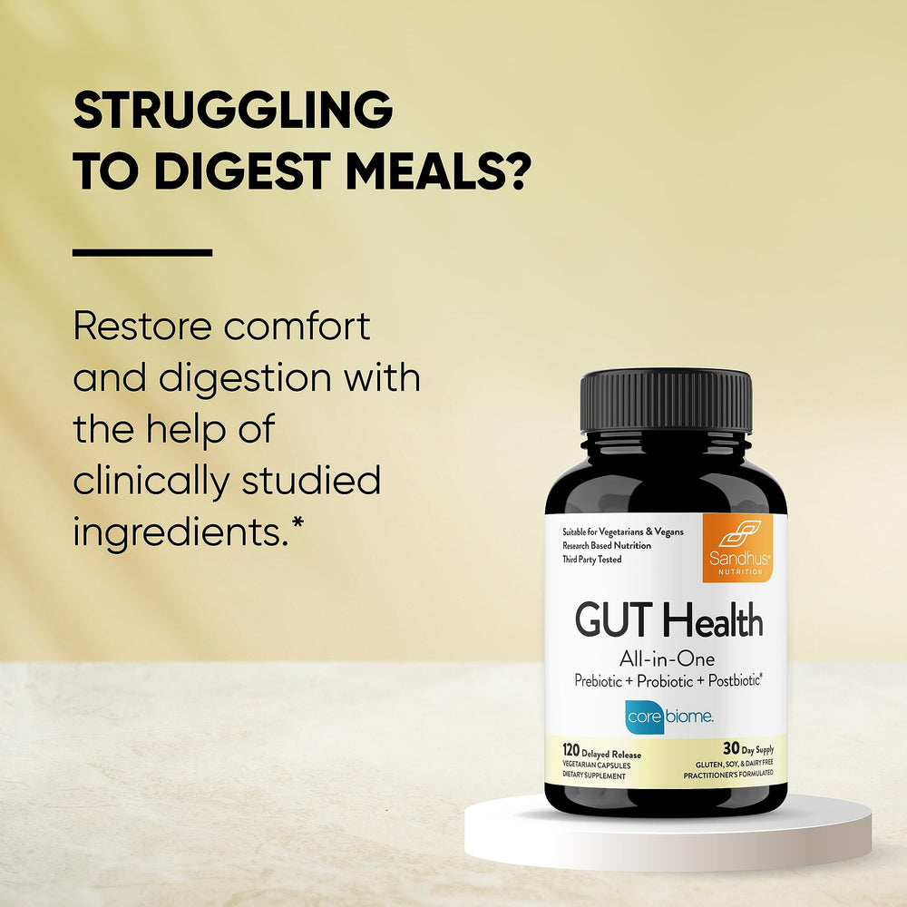 Sandhu's Gut Health vegetarian-friendly logo highlights allergen-free formula.