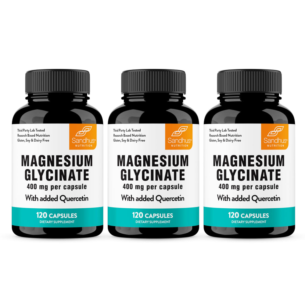 Sandhu's Magnesium Glycinate 400mg bottle front, promotes restful sleep.