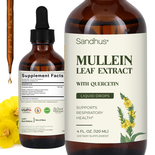 Sandhu's Mullein Drops bottle shown for easy daily use.