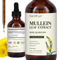 Sandhu's Mullein Drops bottle shown for easy daily use.