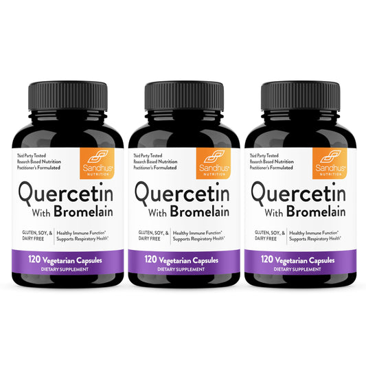 Sandhu's Quercetin with Bromelain capsules bottle showing premium immune-support packaging.