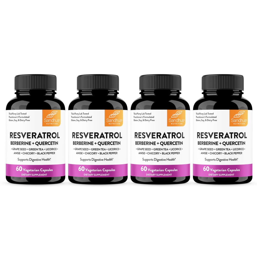 Sandhu's Resveratrol-Berberine bottle for gut support and balance.
