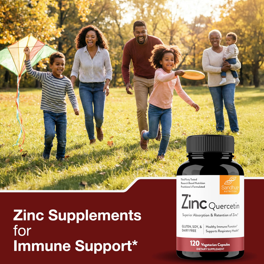 Dosage graphic for Sandhu's Zinc Quercetin shows the two-capsule daily routine.