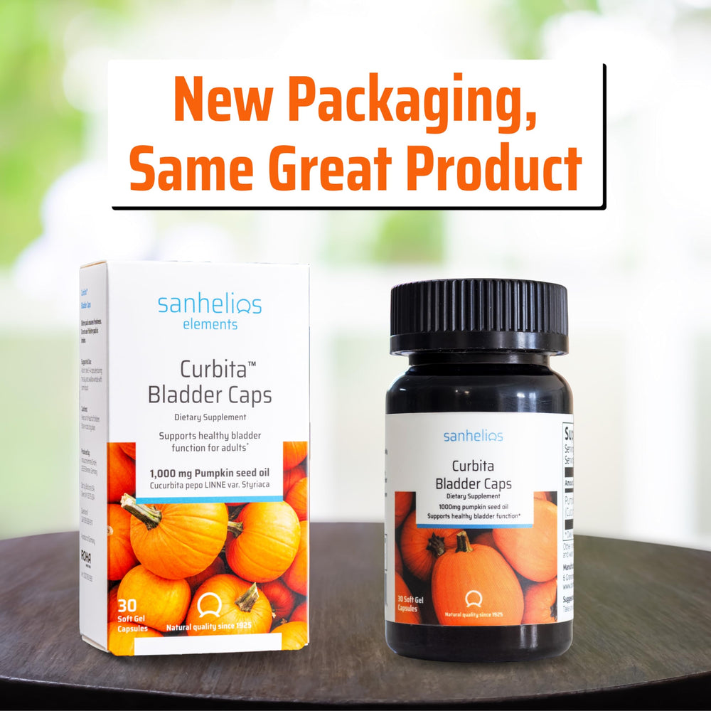 Sanhelios Curbita softgel capsules highlight 1000 mg pumpkin seed oil for bladder support.