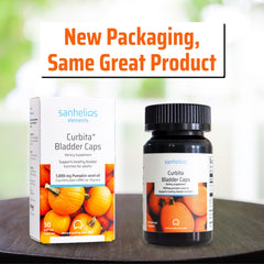 Sanhelios Curbita softgel capsules highlight 1000 mg pumpkin seed oil for bladder support.