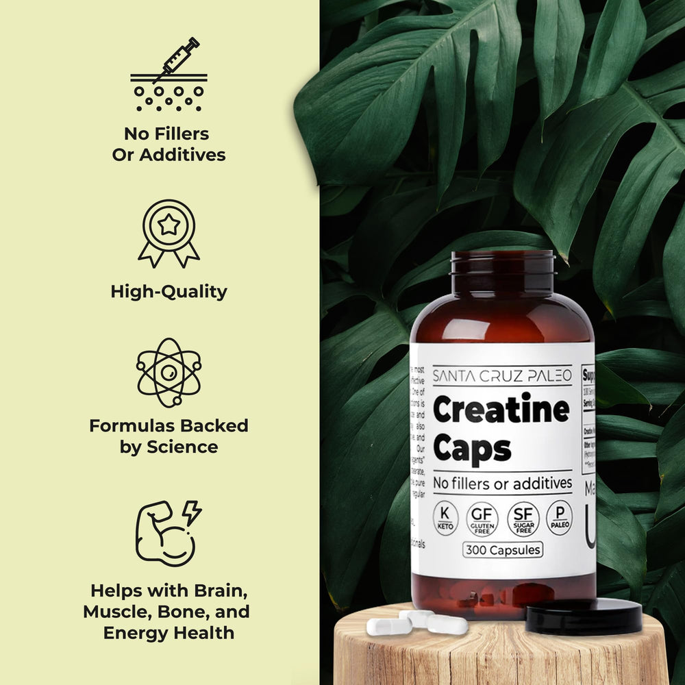 Creatine capsules poured into palm by Santa Cruz Paleo