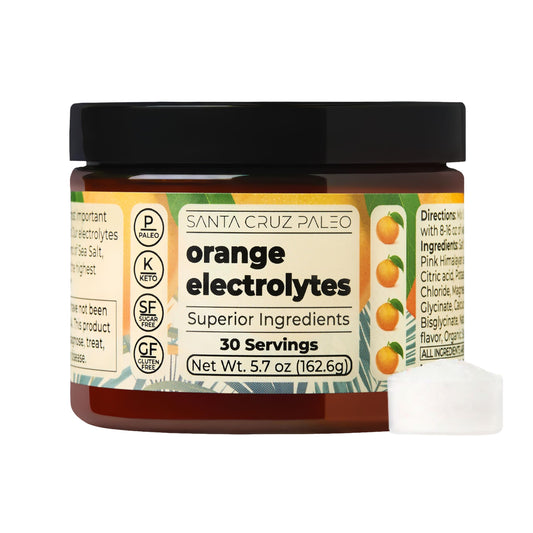 Santa Cruz Paleo Electrolyte orange tub highlighting mineral blend for daily hydration