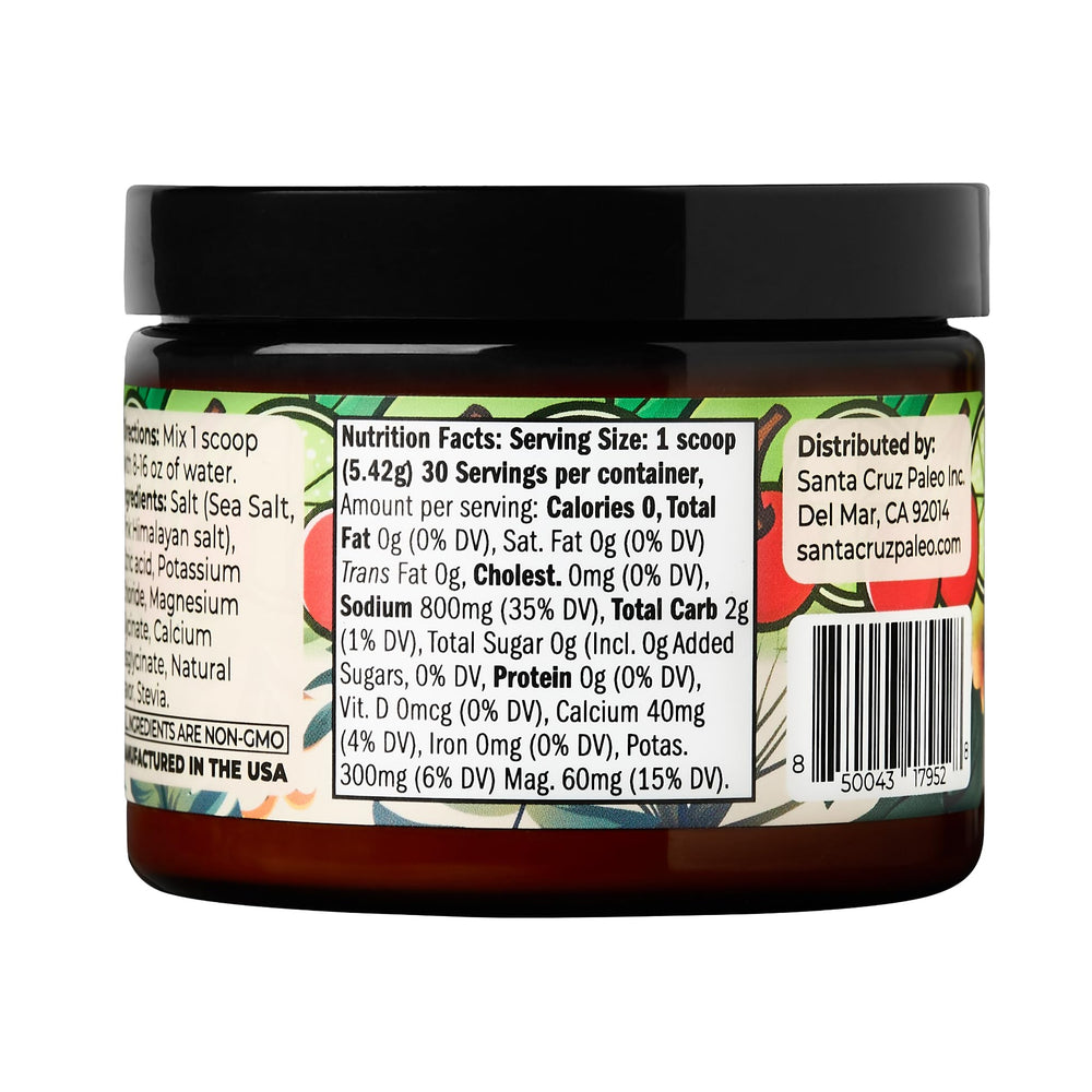 Daily hydration routine with Santa Cruz Paleo Electrolyte Powder in a bottle.