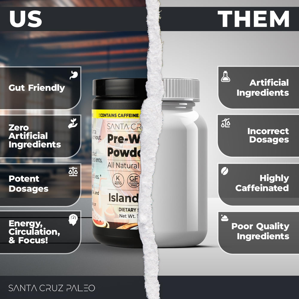 Santa Cruz Paleo Island Punch label close-up highlighting keto and paleo friendly formula