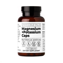 Santa Cruz Paleo magnesium and potassium capsules bottle label showing keto-friendly formula.