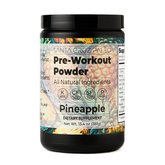 Santa Cruz Paleo pre workout powder bottle showcasing Pineapple flavor for clean, flavorful hydration.