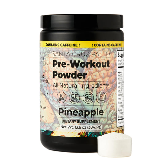 Santa Cruz Paleo pre-workout powder tub with pineapple flavor for clean energy before training