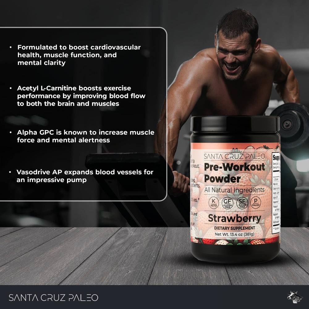 Santa Cruz Paleo pre-workout strawberry dissolved in water, highlighting smooth mixability.