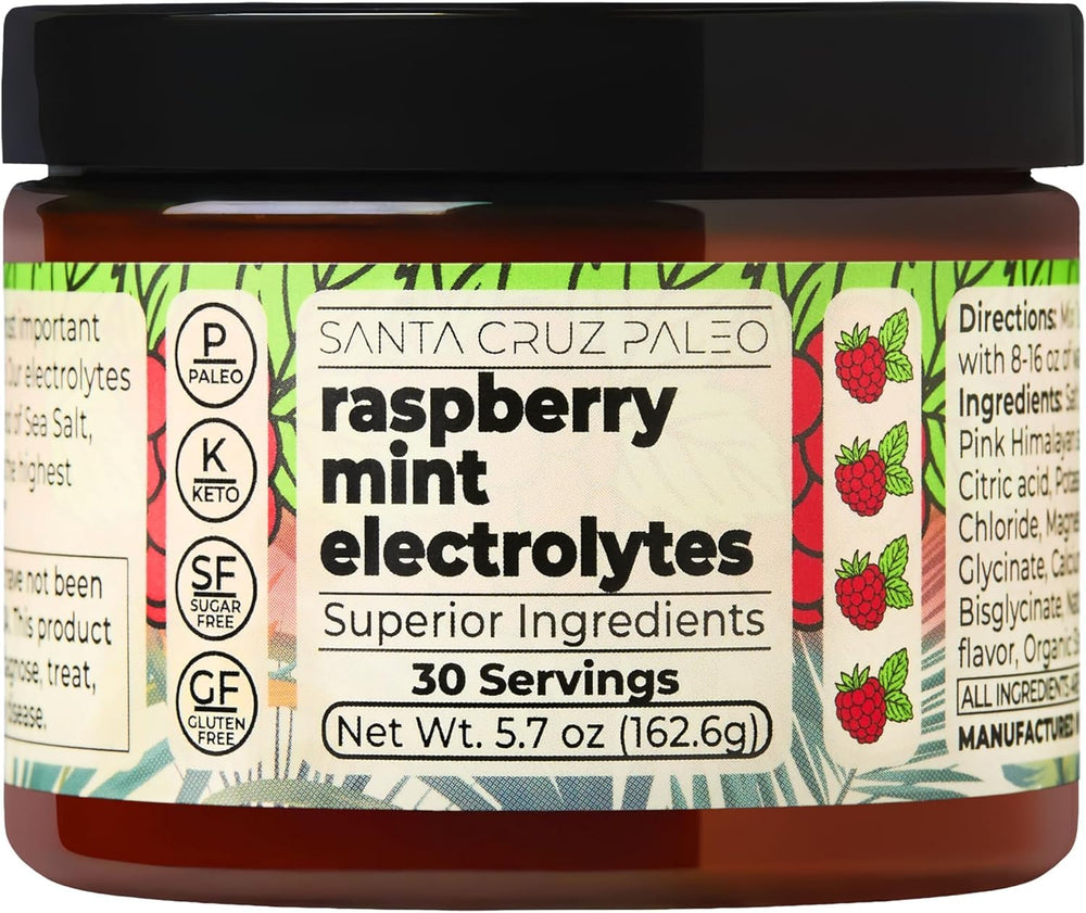 Santa Cruz Paleo Raspberry Mint tub showing sugar-free hydration ingredients.
