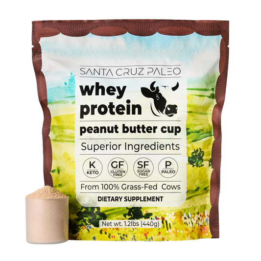 Santa Cruz Paleo Whey Protein Peanut Butter Cup bottle pour highlights quick, clean fueling
