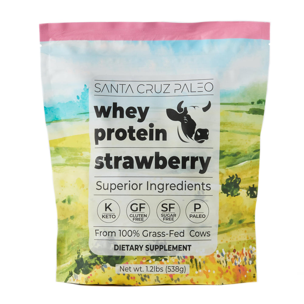 Santa Cruz Paleo Whey Protein Strawberry front label displaying clean formula
