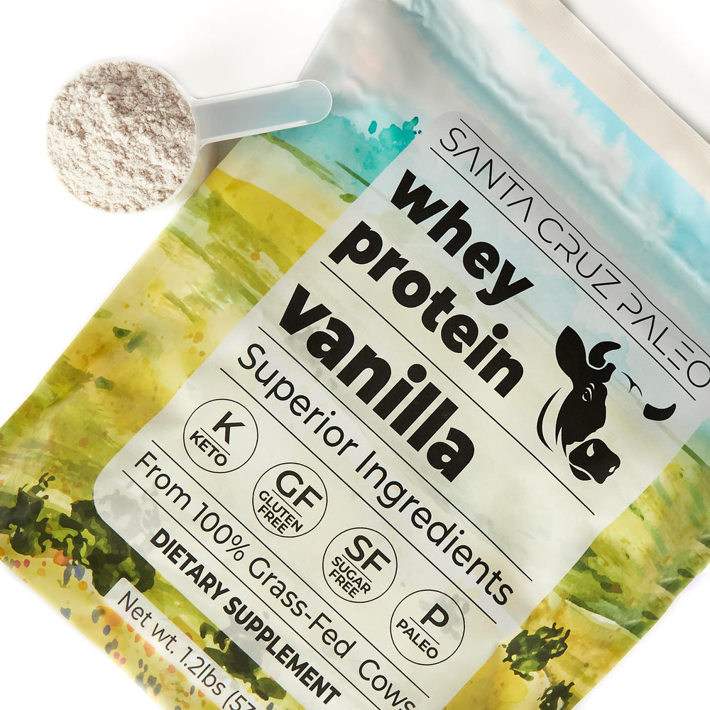 Santa Cruz Paleo whey vanilla pour demonstrates smooth liquid texture.