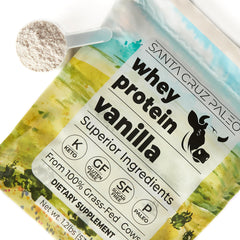 Santa Cruz Paleo whey vanilla pour demonstrates smooth liquid texture.