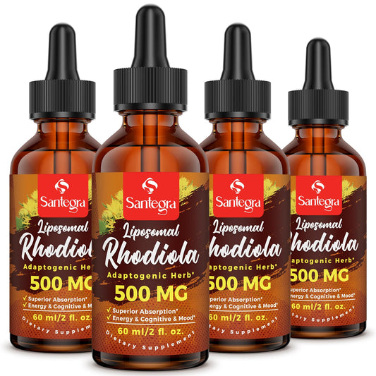 Santegra 57,000 mg liposomal rhodiola bottle with drops for energy and mood support.
