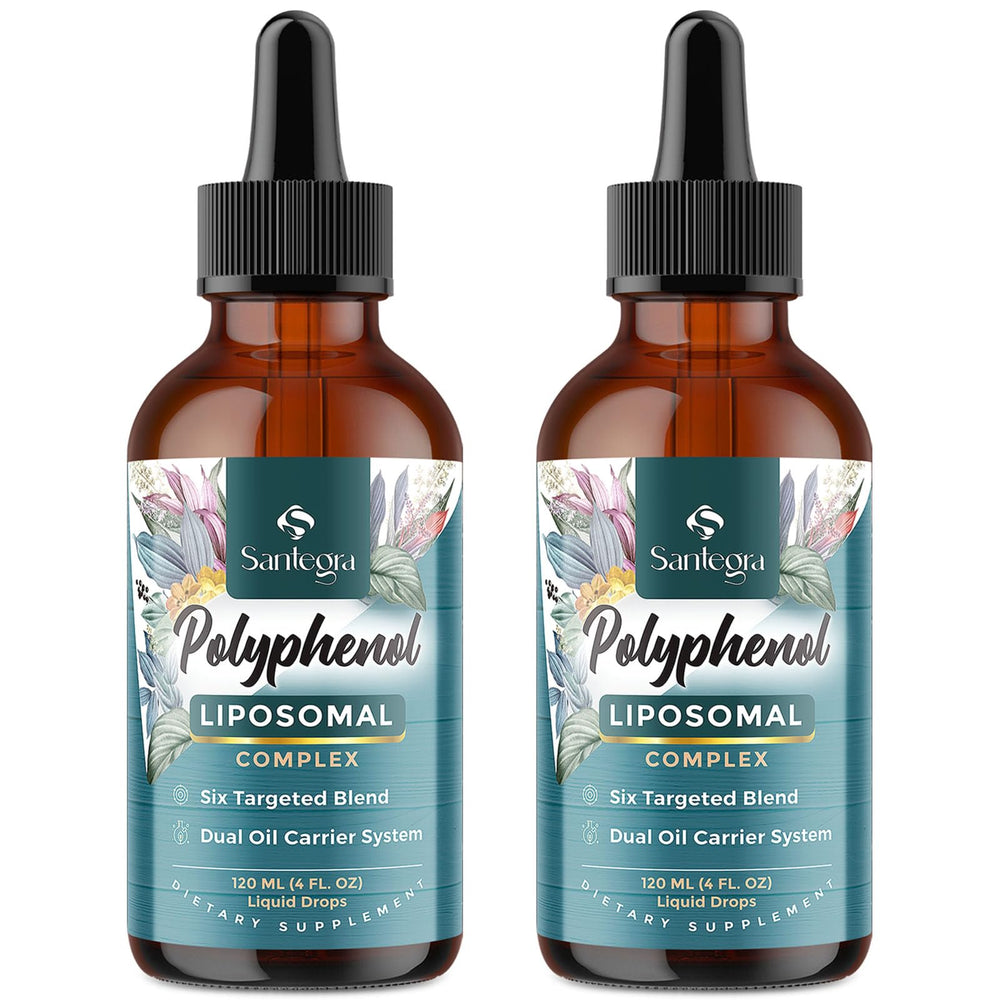 Santegra Polyphenols Liposomal bottle highlights enhanced antioxidant delivery.