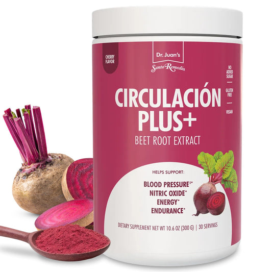 Santo Remedio Circulation Plus bottle beside beet extract emphasizes nitric oxide support
