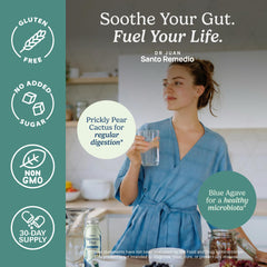 Santo Remedio Digestion Plus bottle on counter highlights compact, pantry-friendly packaging