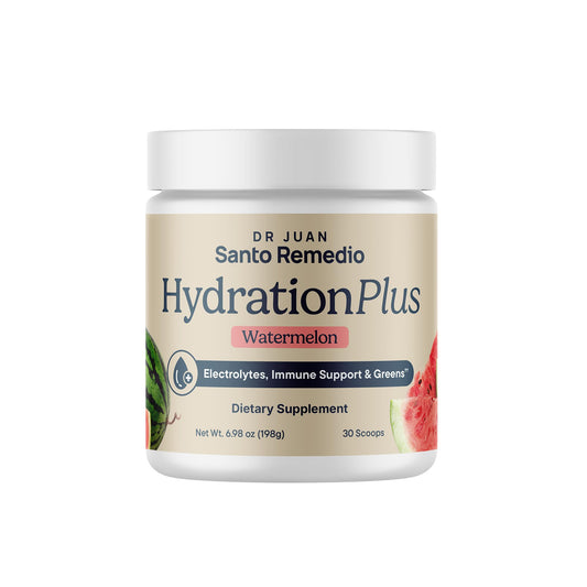 Santo Remedio Hydration Plus watermelon powder dispensed for quick hydration after workouts.
