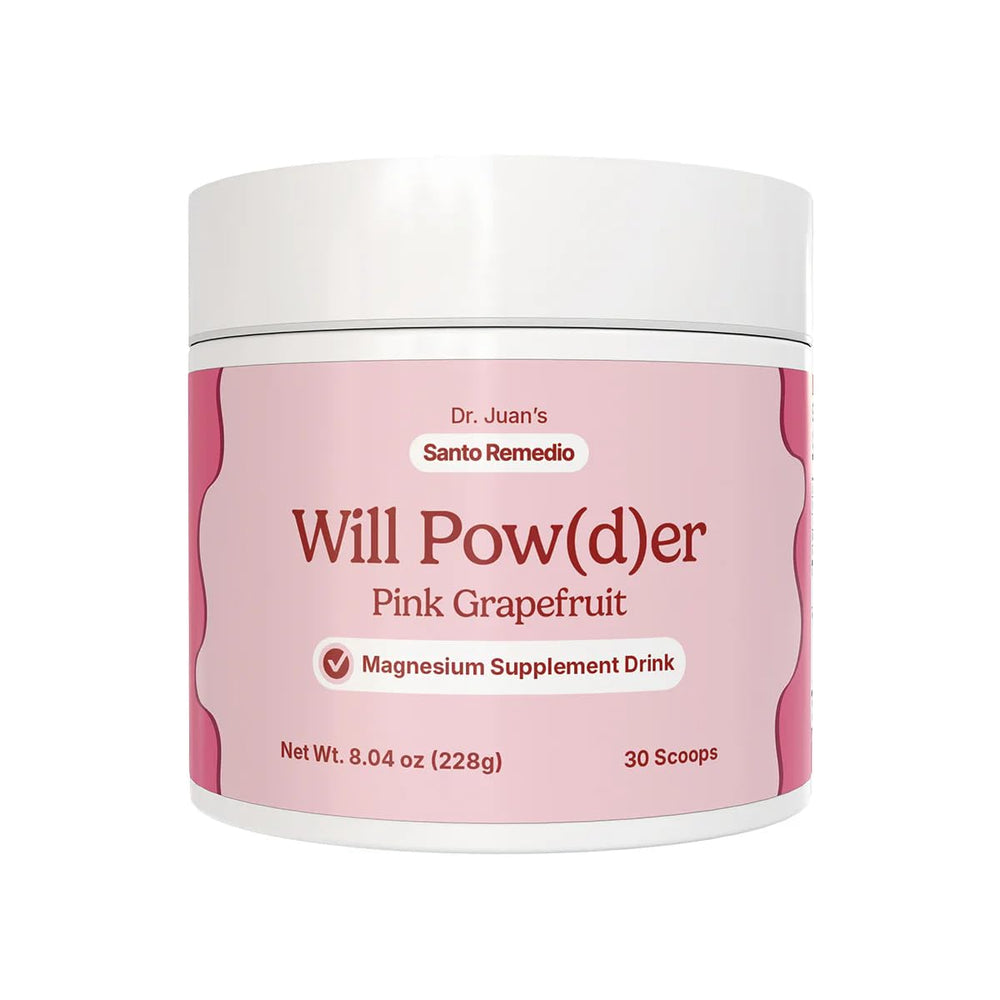 Santo Remedio Will Powder in a glass with pink grapefruit flavor for a refreshing daily ritual.