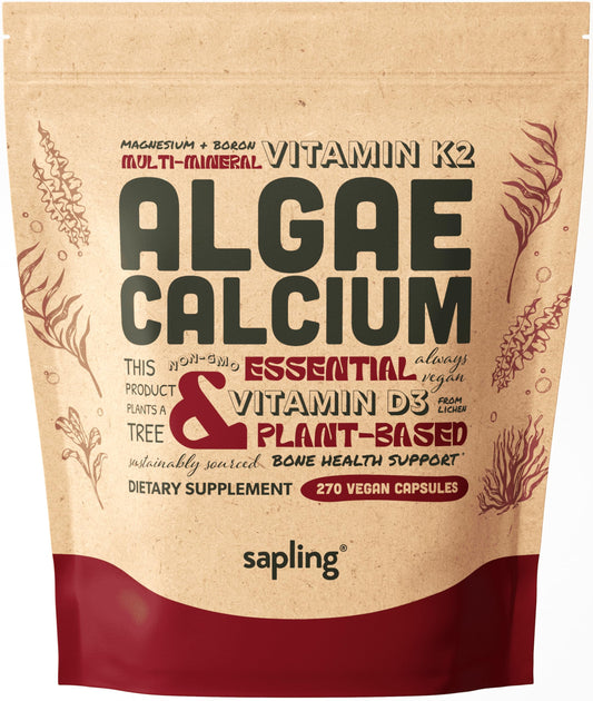 Sapling Calcium bottle front view highlighting vegan minerals for daily bone support