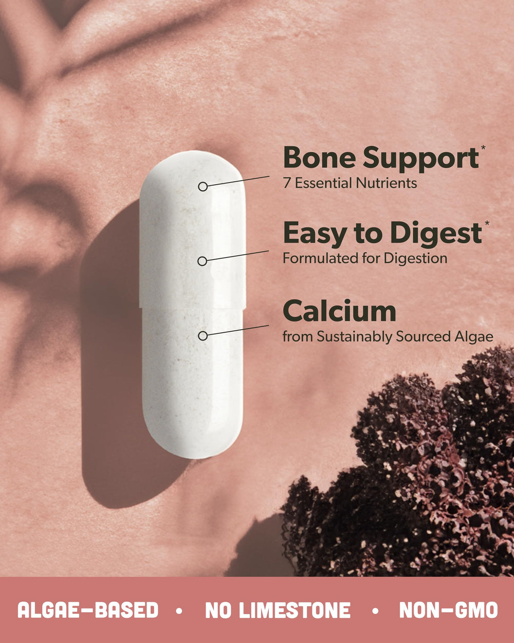 Sapling Calcium bottle label with ingredients emphasizing red algae calcium and K2/D3 for balance