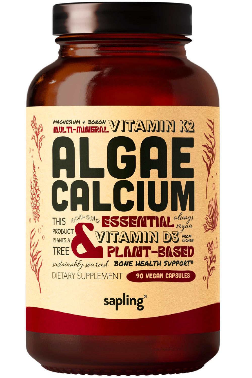 Sapling Calcium supplement bottle front highlights vegan formula for bone health