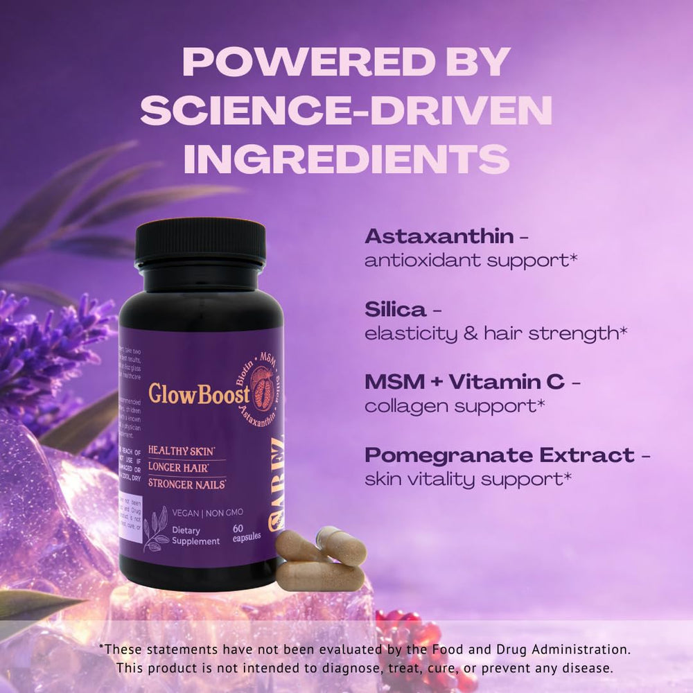 Sarez GlowBoost astaxanthin feature highlighting antioxidant-rich blend.