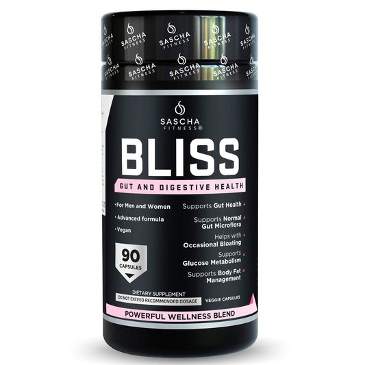 SASCHA FITNESS Bliss Gut Health bottle with capsules for daily digestion support.