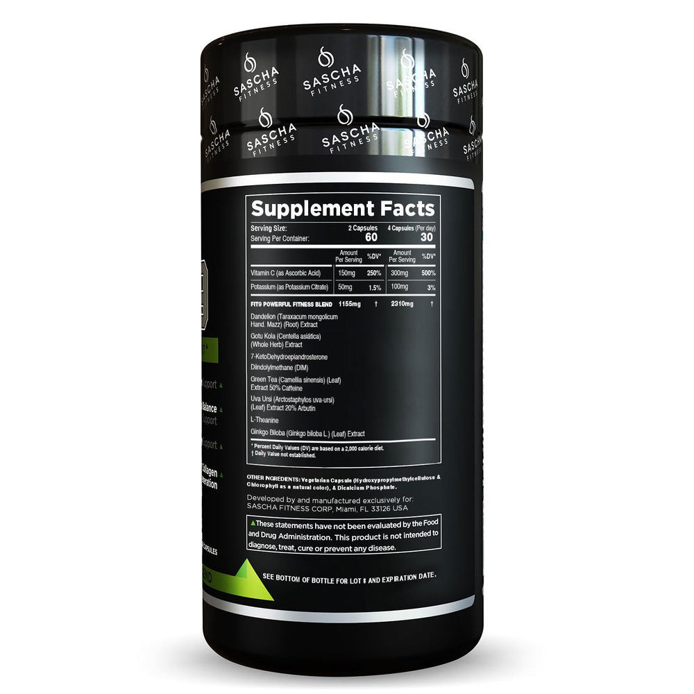 Sascha Fitness Fat Loss pills bottle back label showing ingredients and daily use directions