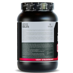 Sascha Fitness grass-fed whey isolate bottle with strawberry powder, digest-friendly