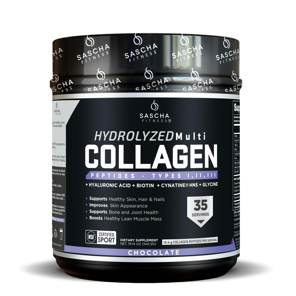 SASCHA FITNESS hydrolyzed collagen bottle front highlighting skin and hair support