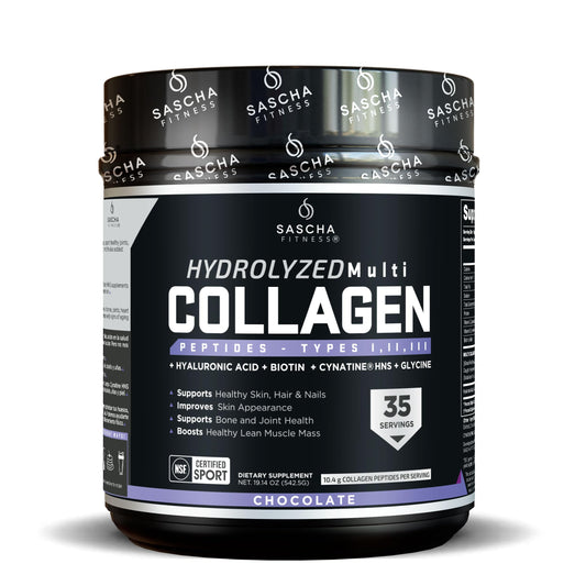 SASCHA FITNESS hydrolyzed collagen bottle front highlighting skin and hair support