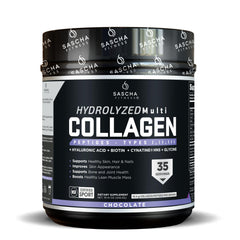 SASCHA FITNESS hydrolyzed collagen bottle front highlighting skin and hair support