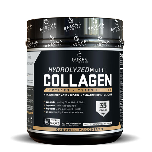 SASCHA FITNESS Hydrolyzed Multi Collagen Peptides bottle highlighting skin support