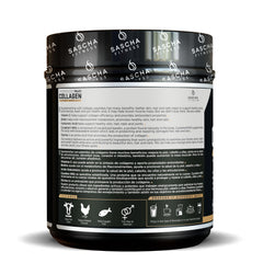 SASCHA FITNESS Hydrolyzed Multi Collagen Peptides powder being poured for easy daily use