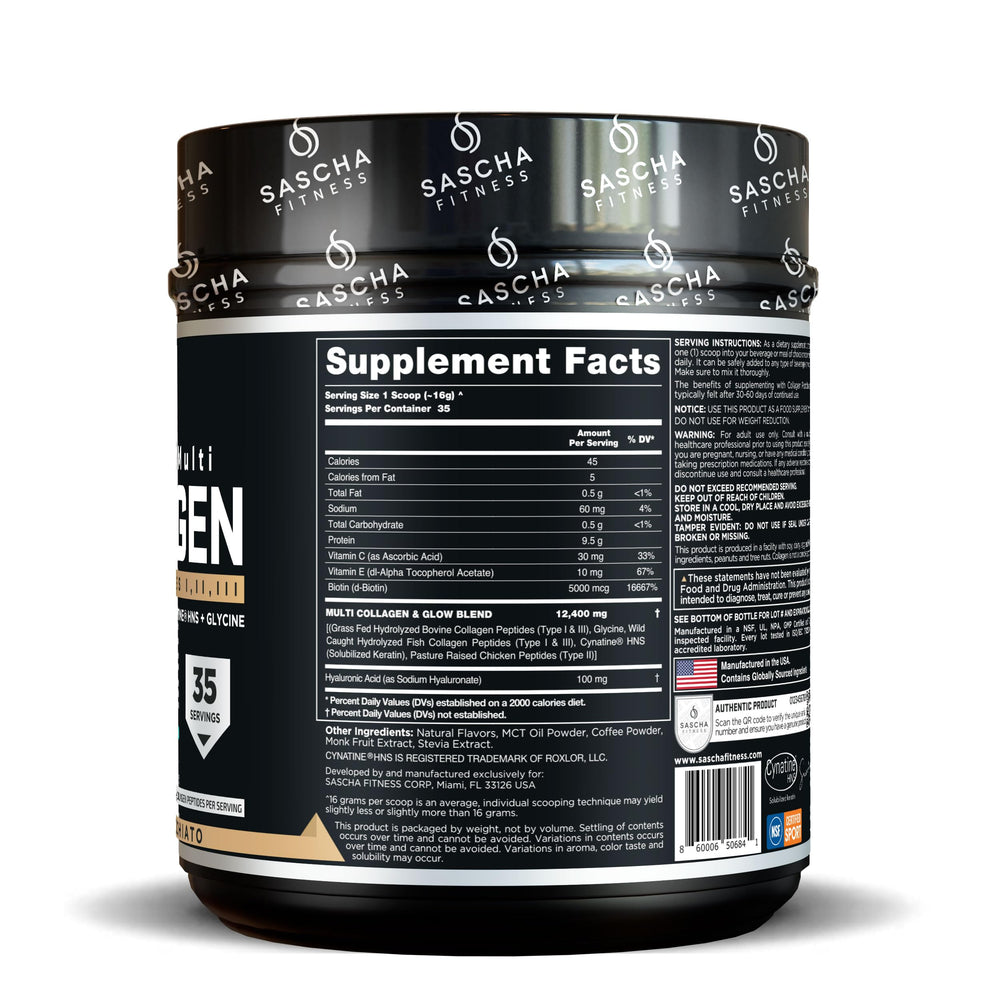 Close-up of SASCHA FITNESS collagen tub highlighting Hyaluronic Acid and Vitamin C