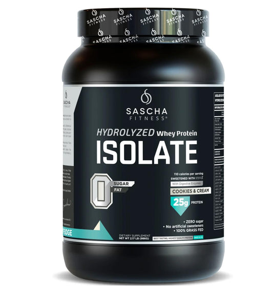 SASCHA FITNESS hydrolyzed whey protein isolate Cookies & Cream bottle for fast protein delivery