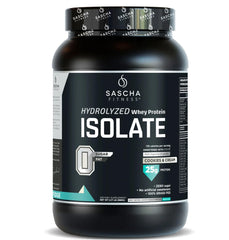 SASCHA FITNESS hydrolyzed whey protein isolate Cookies & Cream bottle for fast protein delivery