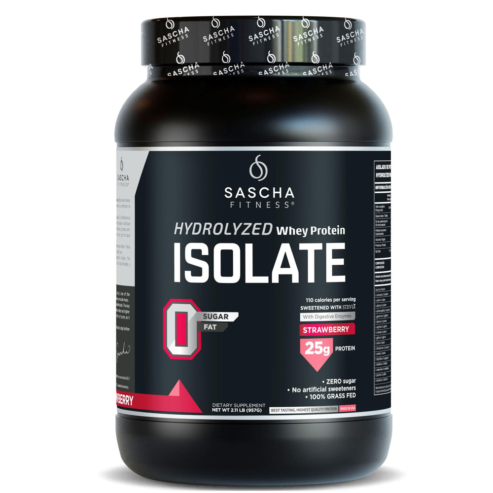 Sascha Fitness hydrolyzed whey protein isolate strawberry powder being poured for fast muscle support