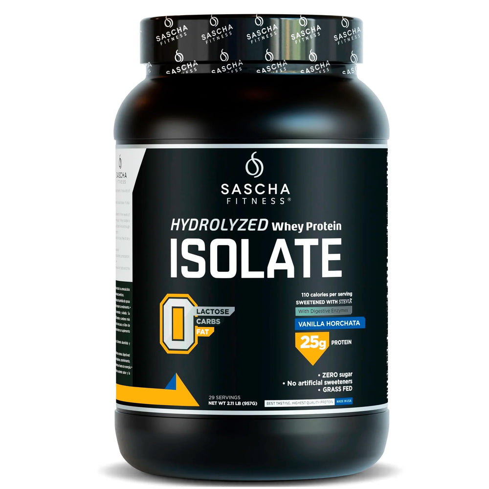 SASCHA FITNESS Hydrolyzed Whey Protein Isolate bottle pouring for fast absorption