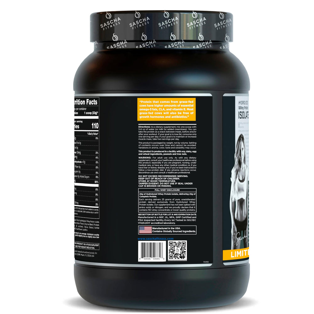 SASCHA FITNESS Vanilla Horchata isolate close-up highlighting lactose-free, high-purity protein