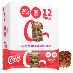SATISFY YOUR CRAVE Crave Bars Chocolate Caramel Crisp on shelf, protein-packed indulgence for busy mornings.