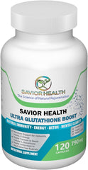 Savior Health Ultra Glutathione Boost bottle showing daily antioxidant support.